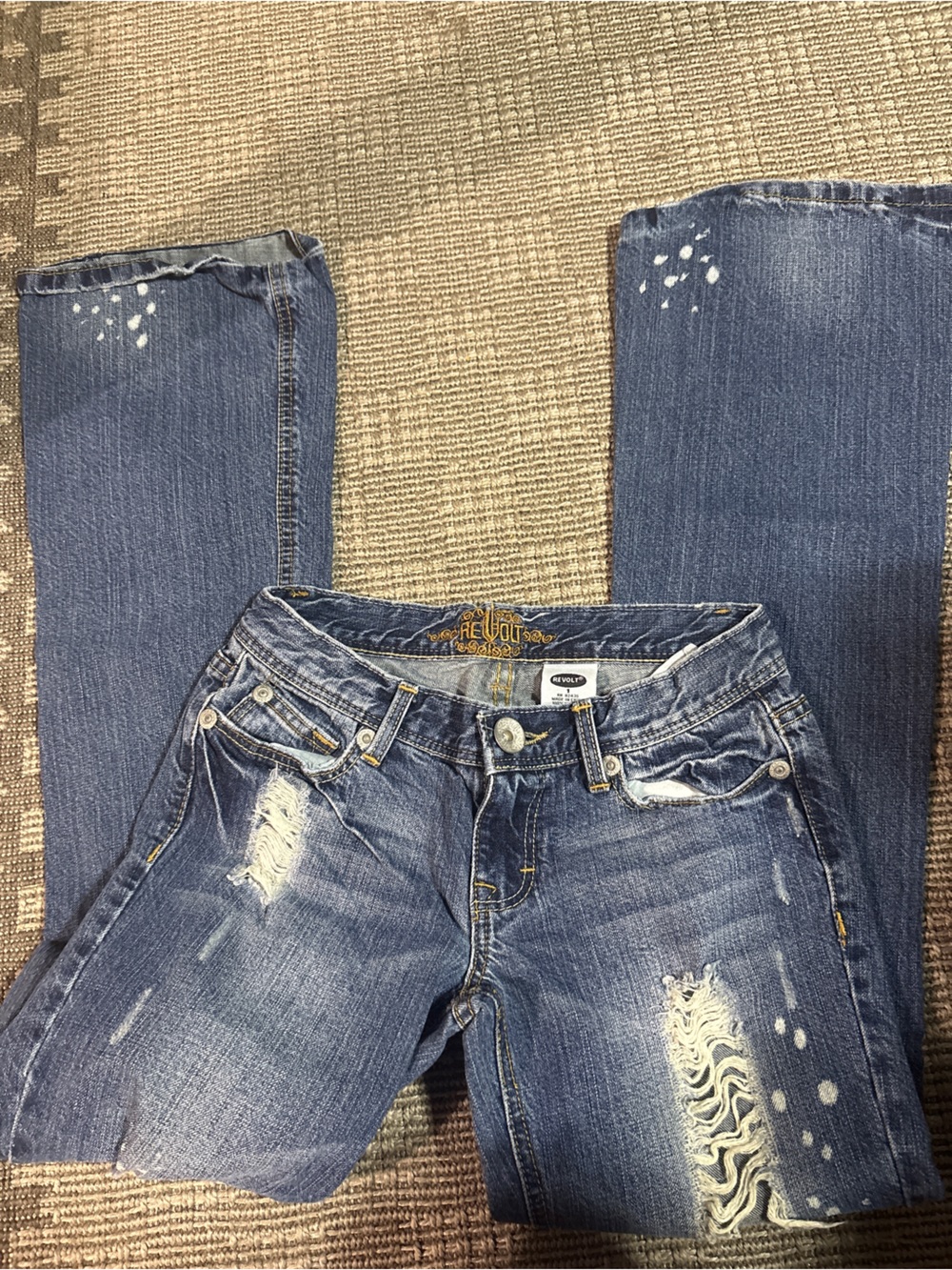 Vintage Revolt Jeans Women's Blue Bootcut Distressed Denim with White Splatter